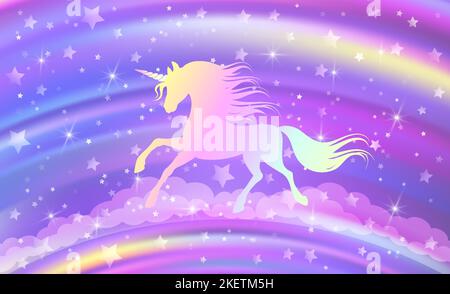 Fantasy rainbow purple sky in sparkling stars and unicorn for design. Vector illustration for children. Stock Vector