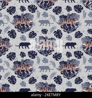 Tigers and tropical leaves. Seamless pattern. Stock Vector