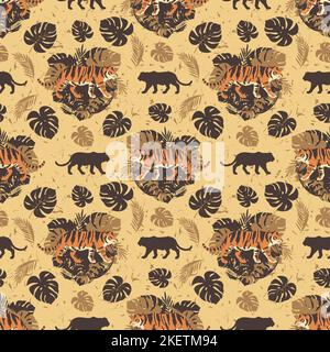 Tigers and tropical leaves. Seamless pattern. Stock Vector