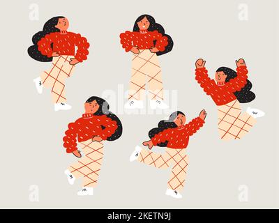 Set of a female character in casual clothes in different poses. Vector illustration Stock Vector