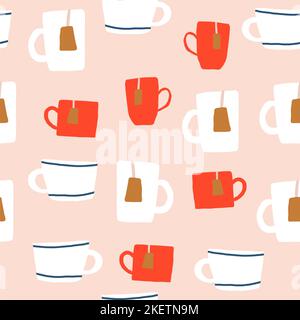 Tea coffee vintage cup set vector illustration. Cartoon vintage teacup collection for english afternoon tea ceremony party or breakfast, retro flower, leaf, stripes hand drawn pattern on cup and mug. Vector illustration Stock Vector