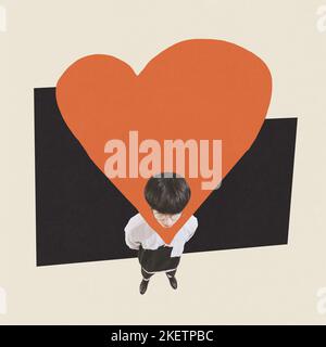 Contemporary art collage. Conceptual image. Young man with heart shape design meaning falling in love. Tender feelings Stock Photo