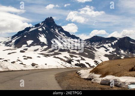 Pehuenche international pass between Chile and Argentina. Snowy mountains. Stock Photo