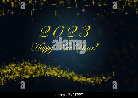 Happy New Year 2023. Sparkling burning numbers Year 2023 with stars and bokeh on blue background. Stock Photo
