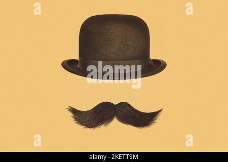 Vintage bowler hat with black curly moustache on a sepia brown background Stock Photo