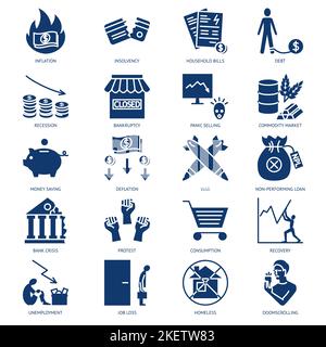 Economic crisis icon set in glyph style. Financial problems, job loss, bankruptcy and insolvency. Vector illustration. Stock Vector