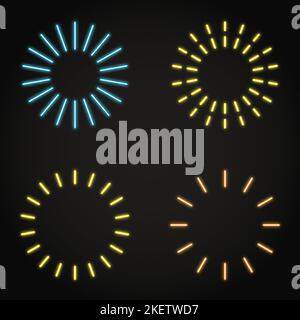 Neon shining fireworks set. Radial burst collection with glowing lines, circular frames. Vector illustration. Stock Vector