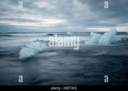 Icebergs and black sand on Jokulsarson Diamond beach, Iceland Stock Photo