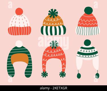 Set of different hand drawn winter hats with pompoms in flat style. Vector illustration. Stock Vector