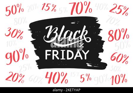 Black Friday handwritten lettering modern brush calligraphy. Numbers and percentage are drawn by hand. Sale vector logo concept. Black and red design. Stock Vector