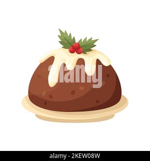 Vector illustration of an English dish - Christmas pudding. Kitchen for New Year and Christmas. Flat style. Stock Vector