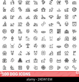 100 dog icons set. Outline illustration of 100 dog icons vector set isolated on white background Stock Vector