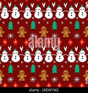 Ugly sweaters seamless pattern. Knitted holiday ornaments with snowmen and snowflakes. Christmas fir trees and traditional ginger men. Xmas textile Stock Vector
