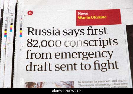 'Russia says first 82,000 conscripts from emergency draft sent to fight' War in Ukraine Guardian newspaper headline clipping 29 Oct 2022  London UK Stock Photo