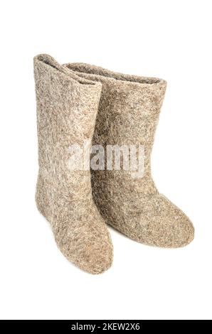 valenki - russian felt boots on white background. Stock Photo