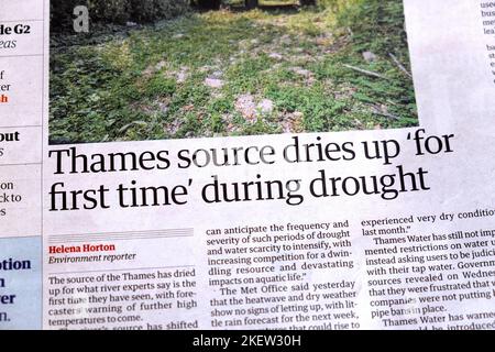 'Thames source dries up 'for first time' during drought' Guardian newspaper headline environment article Guardian newspaper 5 August 2022 London UK Stock Photo