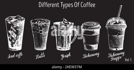 Different types of coffee, vector hand drawn illustration. Iced coffee, latte, irish, takeaway and takeaway frappe coffee drinks with hand lettering f Stock Vector