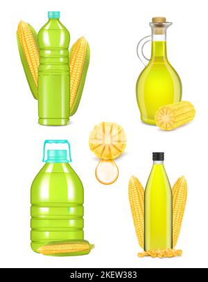 Corn oil set. Vector realistic illustration of maize oil glass jug, plastic, glass bottles with corn cobs isolated on white background. Natural cookin Stock Vector