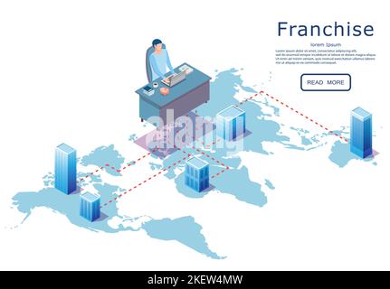 Franchise web banner template, vector isometric illustration. Franchising and branch network, chain store concept. Stock Vector