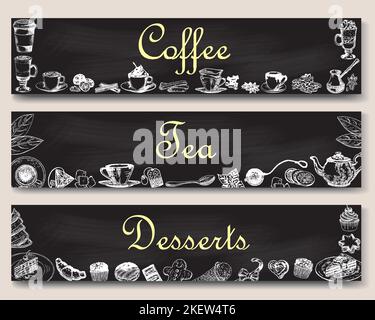 Hot drinks vector banner template set. Hand drawn coffee, tea and desserts items on chalkboard, hand lettering typography for cafe, restaurant, coffee Stock Vector