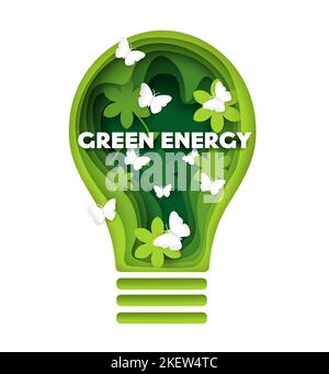 Green energy vector concept illustration in paper art style. Green lamp with flowers and butterflies. Save energy, ecology. Stock Vector