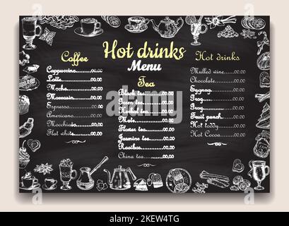 Cafe, restaurant hot drinks menu list on chalkboard vector template. Hand drawn tea, coffee, desserts items with hot beverages names. Stock Vector