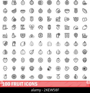 100 fruit icons set. Outline illustration of 100 fruit icons vector set isolated on white background Stock Vector