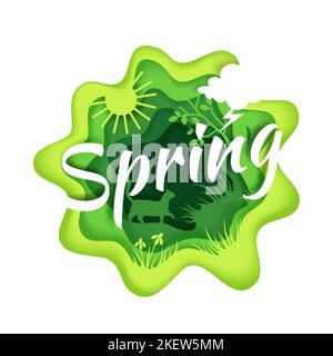 Spring creative hand lettering typography, vector illustration in paper art modern craft style. Spring season composition with paper cut green grass, Stock Vector