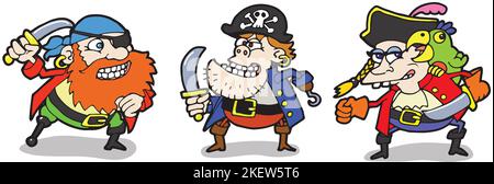 Art work cartoon: three pirates including female pirate with parrot on shoulder, one-legged peg leg pirate, pirate + skull & crossbones hat + scimitar Stock Photo