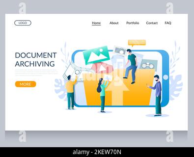 Document archiving vector website template, web page and landing page design for website and mobile site development. Smartphone music, videos, pictur Stock Vector