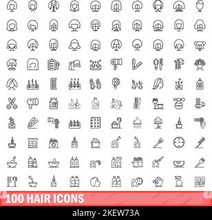 100 hair icons set. Outline illustration of 100 hair icons vector set isolated on white background Stock Vector