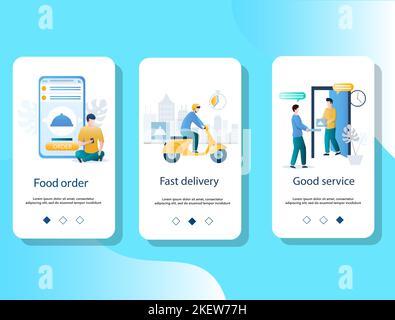 Food order, Fast delivery, Good service mobile app onboarding screens. Menu banner vector template for website and application development. Stock Vector