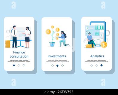 Finance consultation, Investments, Analytics mobile app onboarding screens. Menu banner vector template for website and application development. Stock Vector