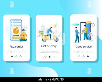 Pizza order, Fast delivery, Good service mobile app onboarding screens. Menu banner vector template for website and application development. Stock Vector