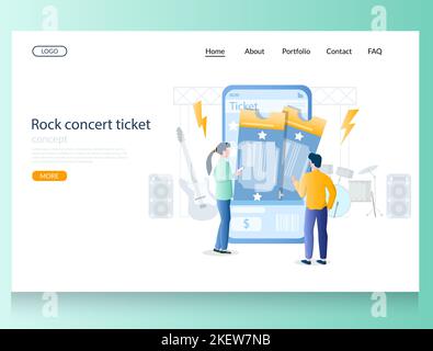 Rock concert ticket vector website template, web page and landing page design for website and mobile site development. Tickets online concept. Stock Vector