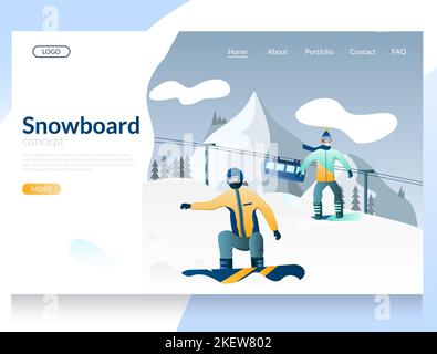 Snowboard vector website template, web page and landing page design for website and mobile site development. Snowboarding, ski mountain resort for win Stock Vector