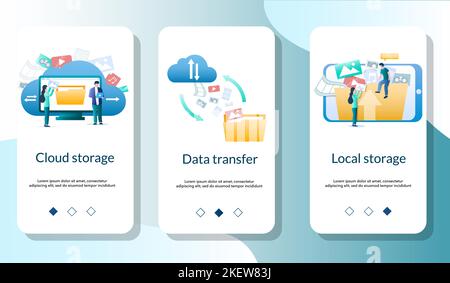 Cloud and local storage, Data transfer mobile app onboarding screens. Menu banner vector template for website and application development. Cloud techn Stock Vector