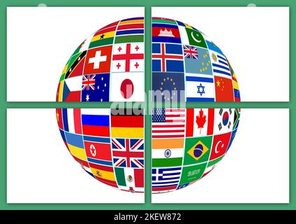 Flags all countries on globe isolated on a white background. Stock Photo