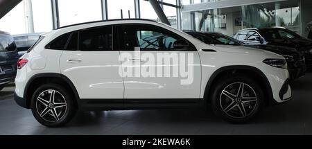 Wietmarschen, Germany Oct 25 2022 Mercedes Benz 250 EQA in white in a showroom Stock Photo