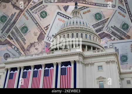 The United States of America USA Capitol building in Washington D.C., decorated with American flags, is shown superimposed over dollar bills. Stock Photo