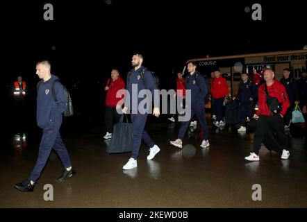 Zagreb, Croatia. November 14, 2022, Players of Croatia departs from 'Dr. Franjo Tudjman' International Airport to Riyadh, Saudi Arabia on November 14, 2022 in Zagreb, Croatia. Croatian national football team will play a international friendly match against Saudi Arabia before the start of the World Cup in Qatar. Photo by Luka Stanzl/PIXSELL Stock Photo