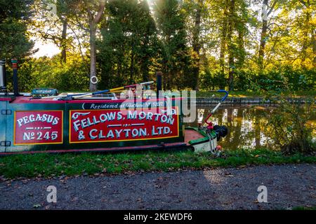 Working former Fellows Morton and Clayton canal  narrowboat Pegasus on the Shropshire union canal Nantwich Cheshire Stock Photo