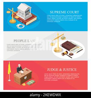 Law vector concept banner template set. Supreme court, law and justice, law people web banners with isometric courthouse, judge, legal trial and jurid Stock Vector