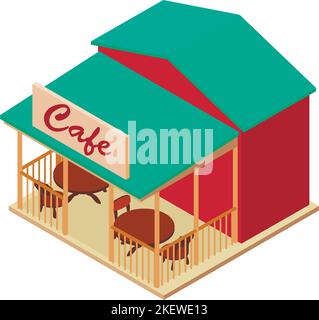 Cafe building icon isometric vector. Cafe with table and chair on open veranda. Catering and recreation establishment Stock Vector