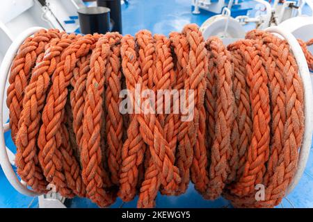 a bay with a cable on the ship. mooring rope Stock Photo