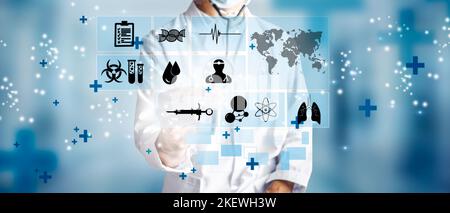 Medical doctor with stethoscope working with modern virtual screen. Concept of health, medical insurance and personal status. Mixed media Stock Photo