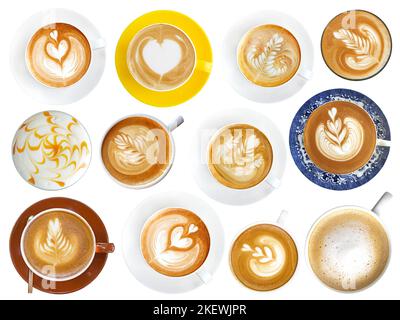 Coffee latte cup assortment with foam art isolated, top view cappuccino menu collection on white background Stock Photo