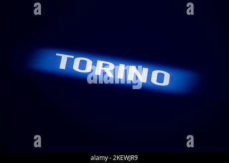 Turin, Italy. 14 November 2022. A write 'Turin' on the tennis court is illuminated during during day two of the Nitto ATP Finals. Credit: Nicolò Campo/Alamy Live News Stock Photo
