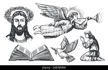 Messenger angel. Flying dove with olive branch. Jesus christ with crown of thorns. Believer prays to God on knees Stock Vector