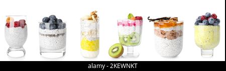 Set of healthy chia pudding with fruits and nuts in glasses on white background Stock Photo